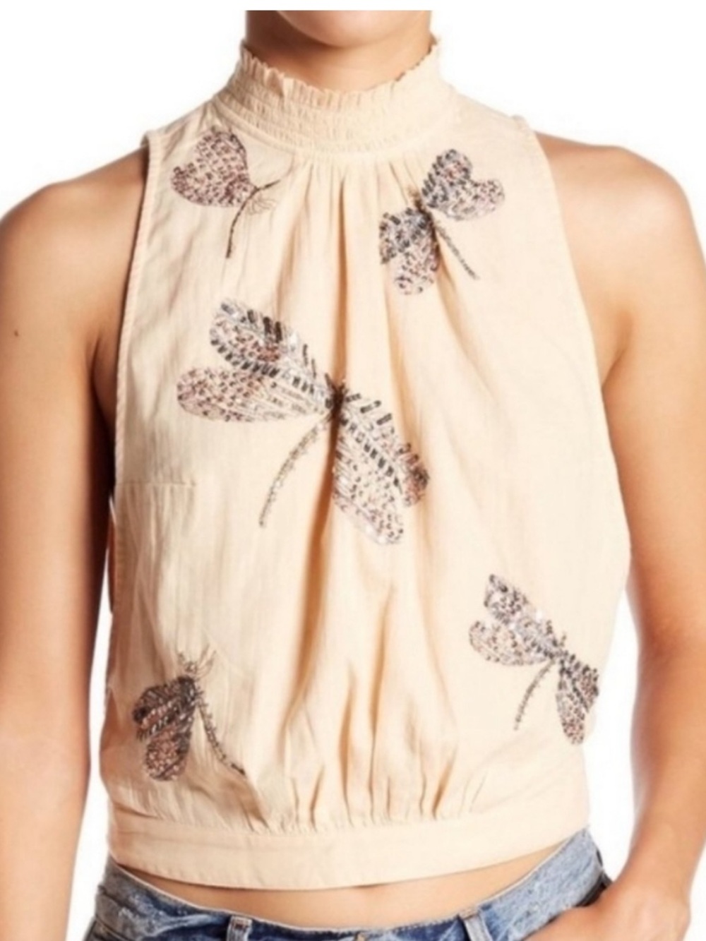 Free People "The Garden" top smocked mock neck sequin dragonfly embroidery S